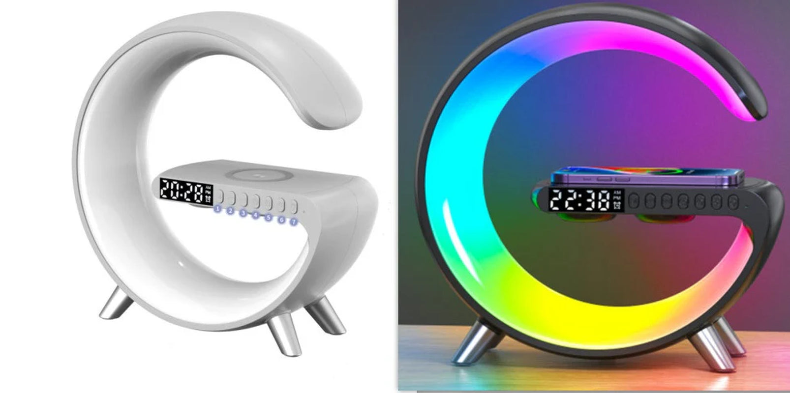 Eclipse G Shaped LED Lamp Bluetooth Speaker With Wireless Charger Lamp